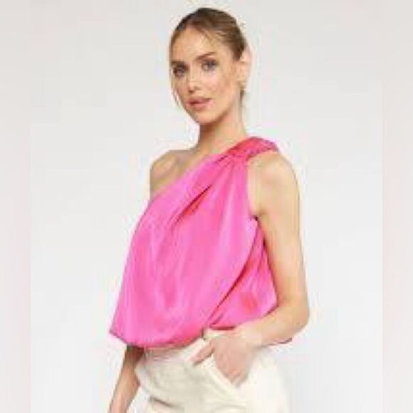 ANTHROPOLOGIE ENTRO S Sleeveless One Shoulder Hot Pink Bubble Hem Top - Picture 1 of 10